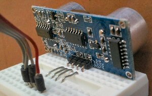 HC-SR04 module mounted on breadboard